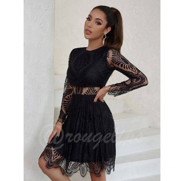 Black Elegant Dress Scallop Trim, Zipper Closure Long Sleeve Short, Mini, Lace - Picture 5 of 10